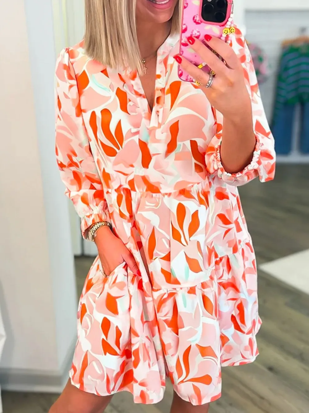 Printed Notched Long Sleeve Dress, image 5