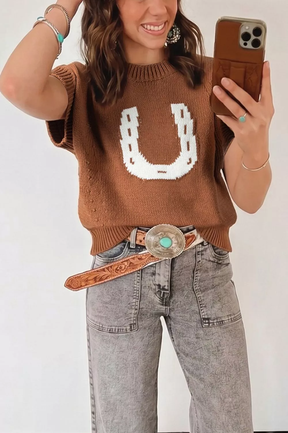 Western Horseshoe Pattern Short Sleeve Knit Sweater, image 6