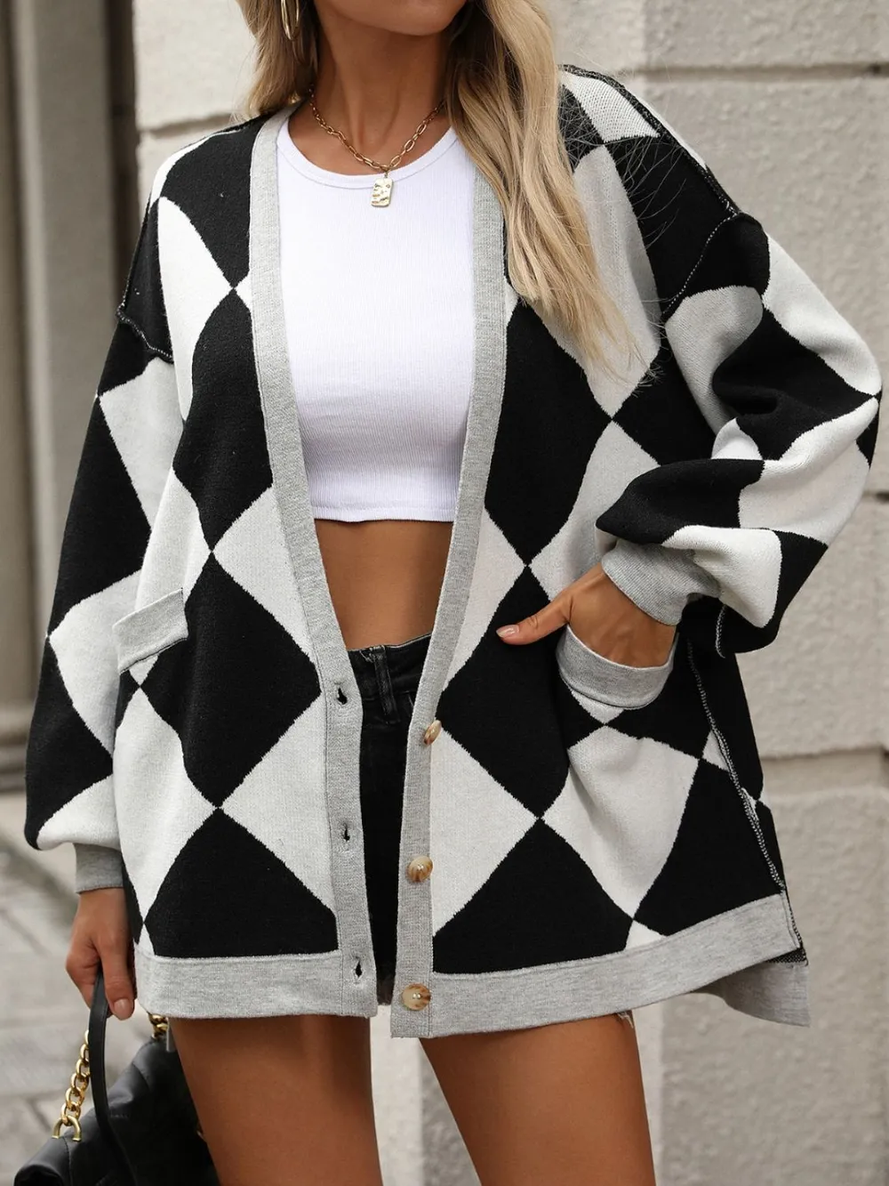 Checkered Dropped Shoulder Long Sleeve Cardigan, image 6