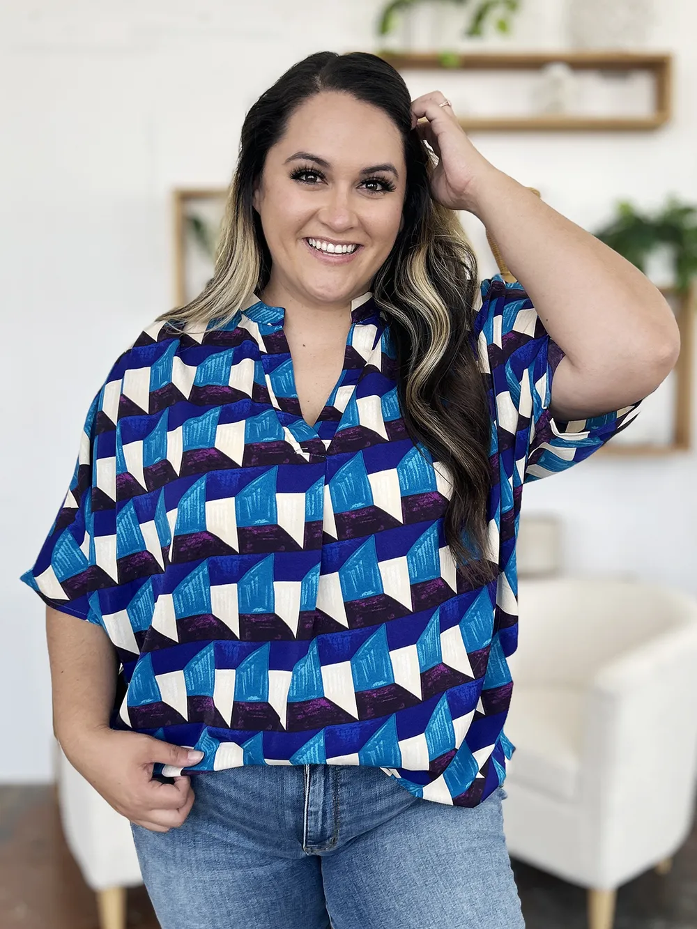 Full Size Geometric Notched Half Sleeve Blouse, image 11