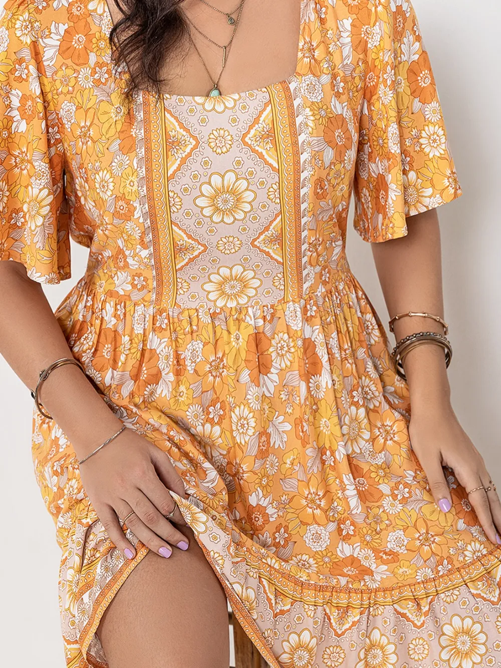 Plus Size Printed Square Neck Short Sleeve Dress, image 5