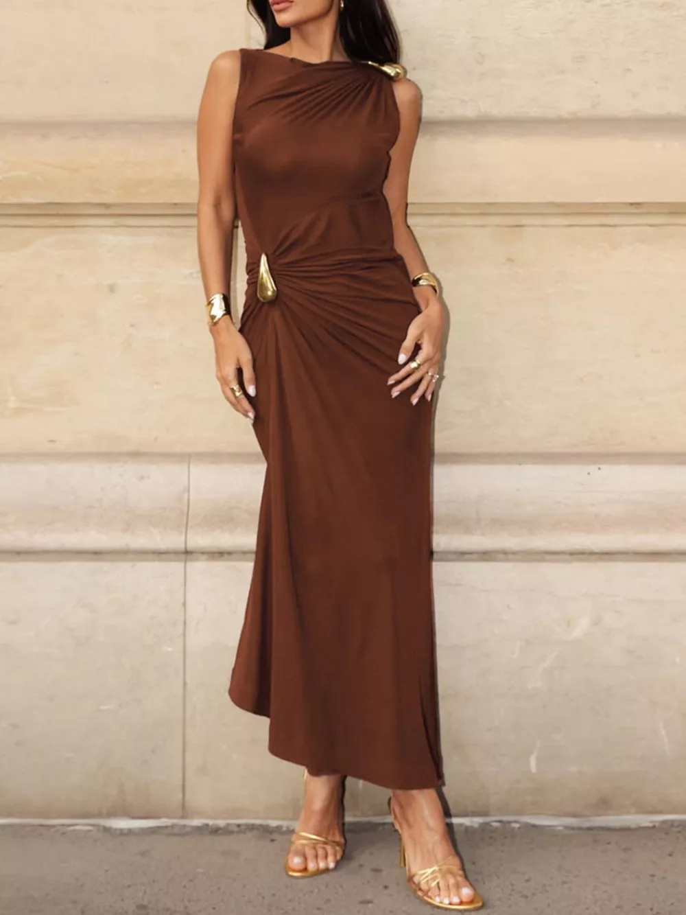 Draped Sleeveless Bodycon Maxi Dress with Metal Decorative, image 11