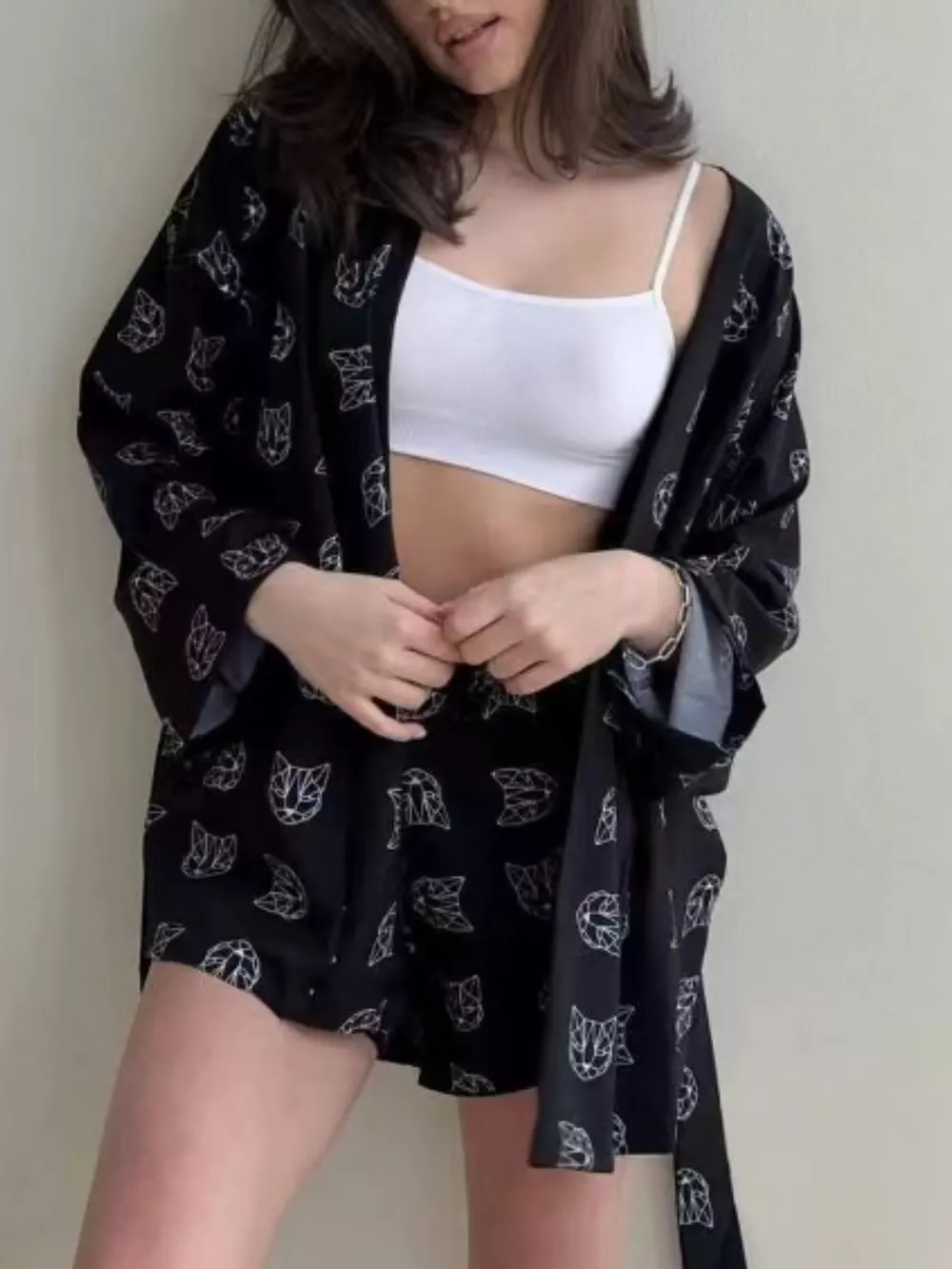Geometric Cat Print Cardigan and Shorts Lounge Set, image 20