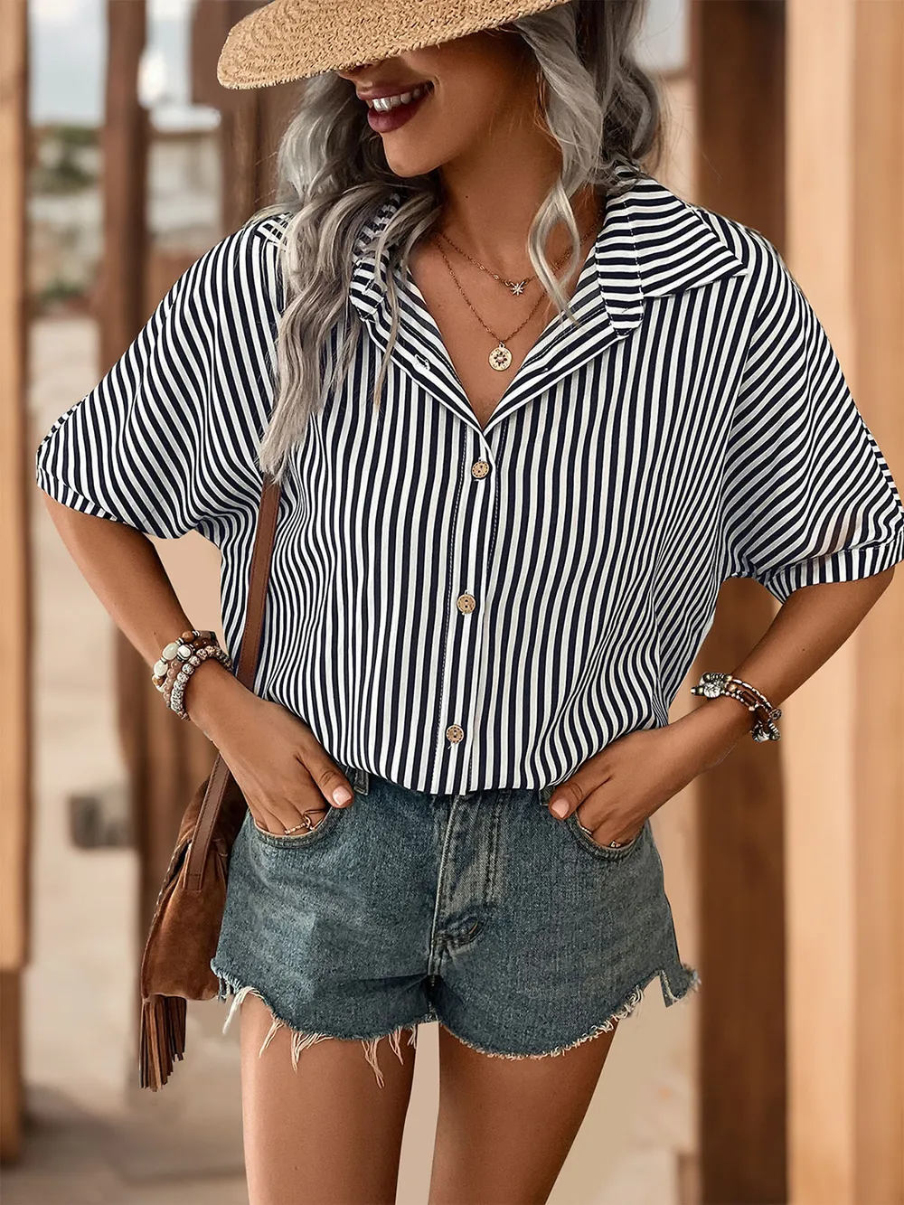 Striped Collared Neck Half Sleeve Shirt, image 5