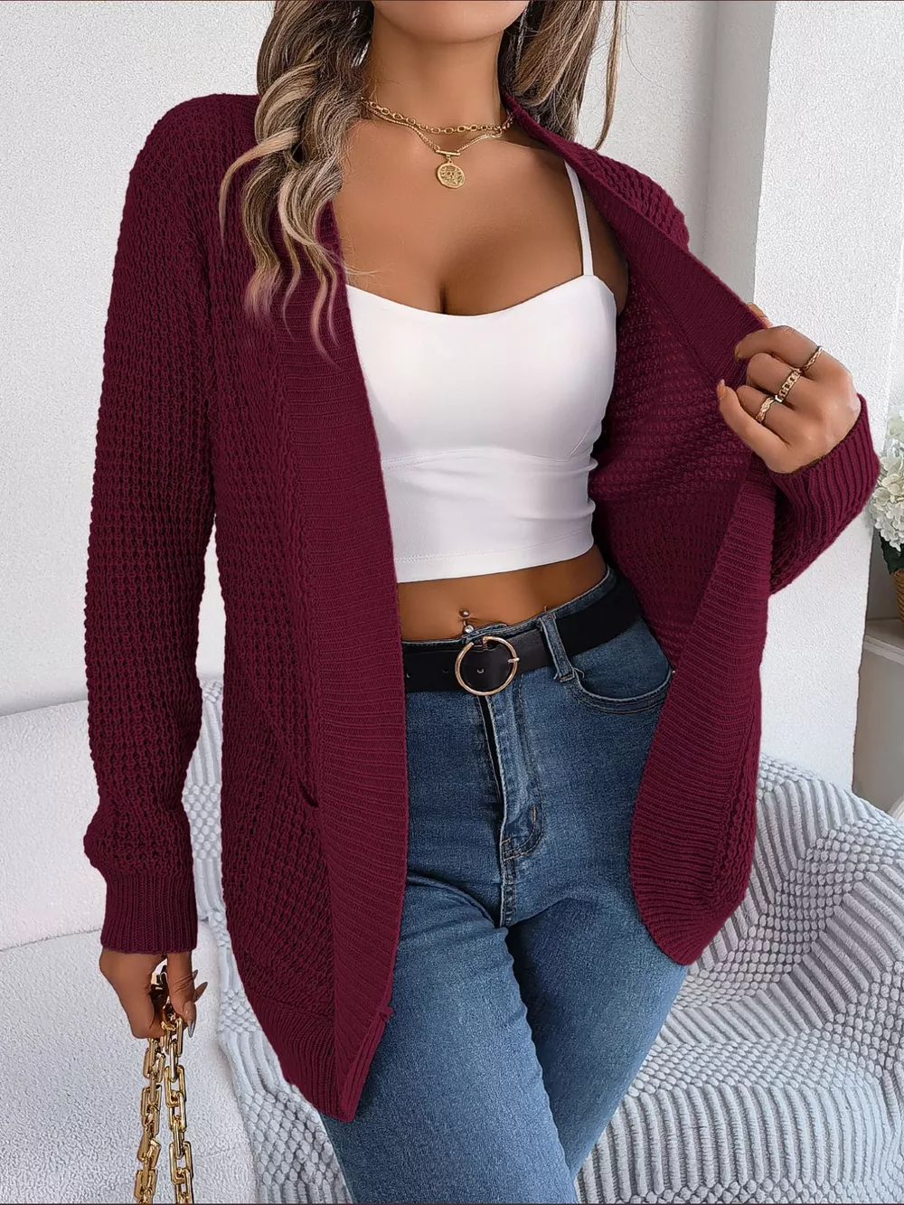 Chunky Knit Open Front Cardigan with Pockets, image 17