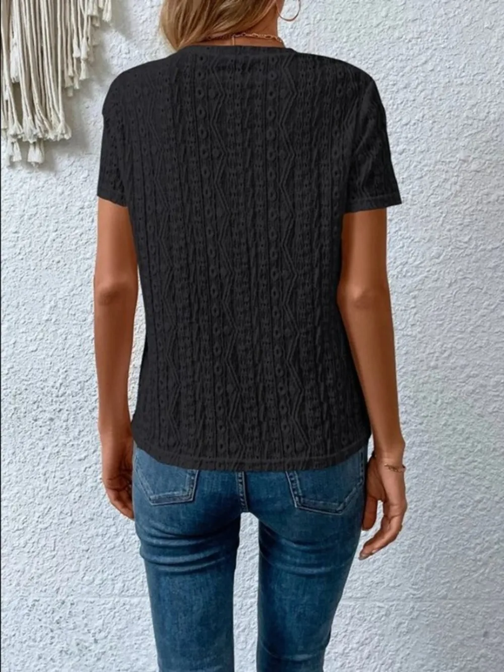 Eyelet Round Neck Short Sleeve T-Shirt, image 7