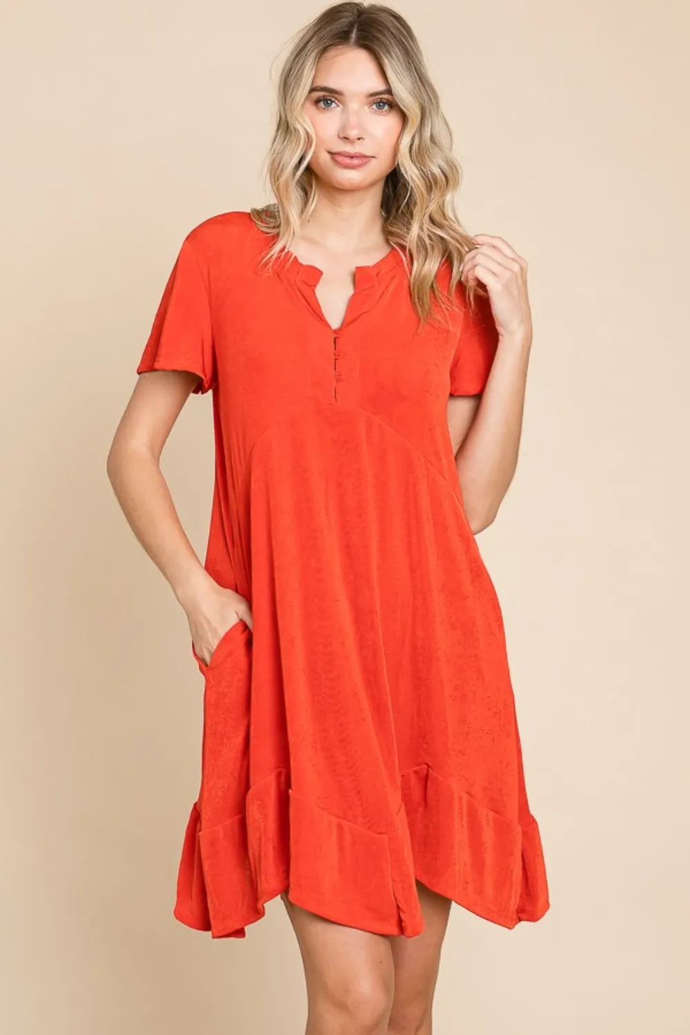 Full Size Short Sleeve Ruffled Asymmetric Hem Dress