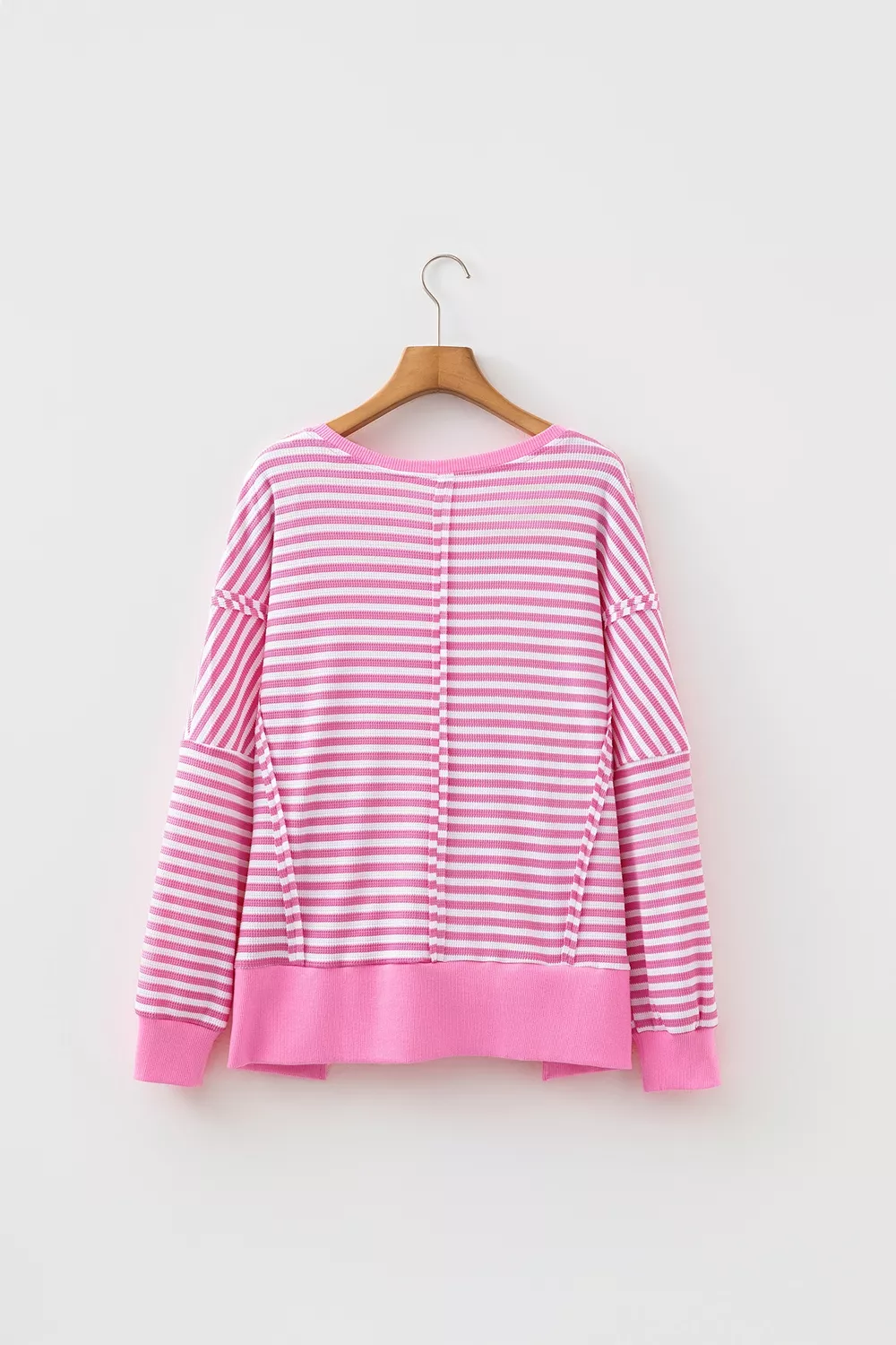 Stripe Textured Knit Color Block Trim Split Hem Long Sleeve Top, image 12