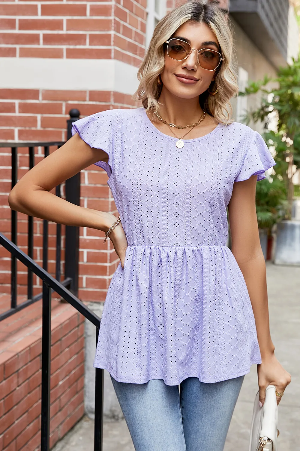 Tied Ruffled Round Neck Peplum T-Shirt, image 23