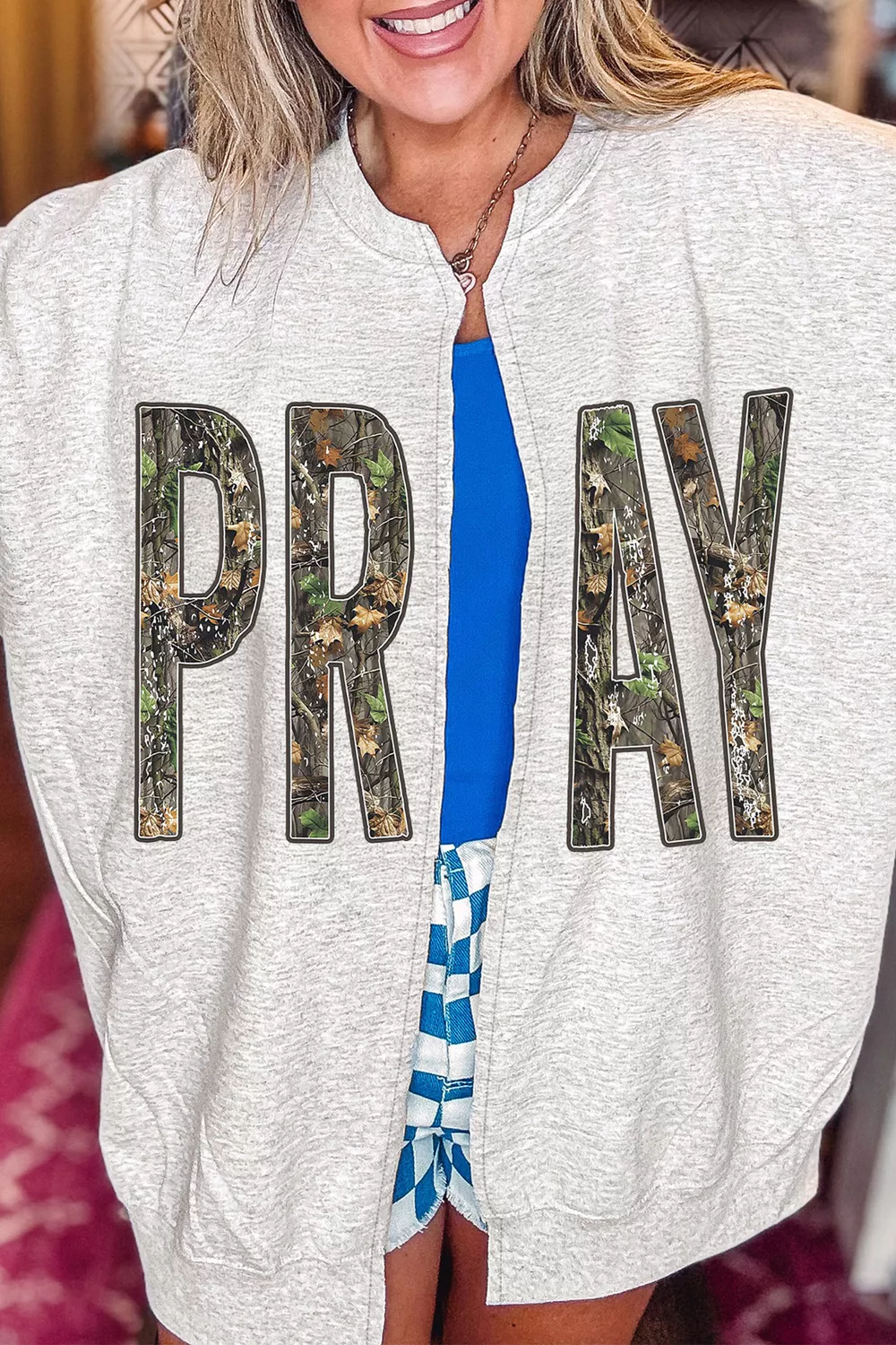 Camo Print PRAY Letter Open Front Tunic Sweatshirt, image 4
