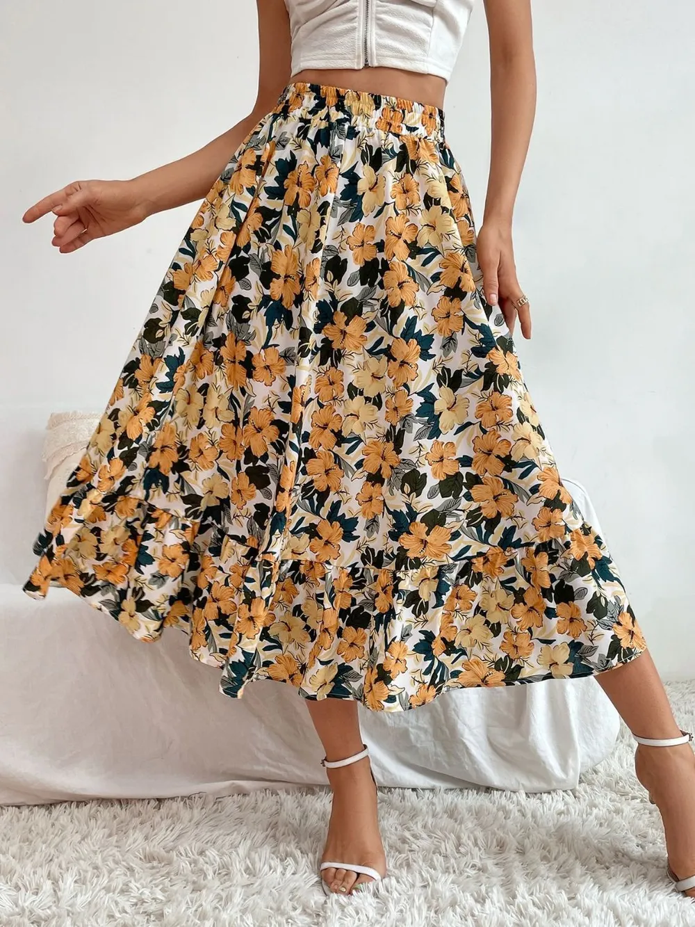 Printed Elastic Waist Midi Skirt, image 15