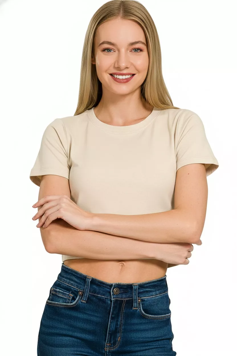 Cotton Short Sleeve Round Neck Cropped Top, image 2