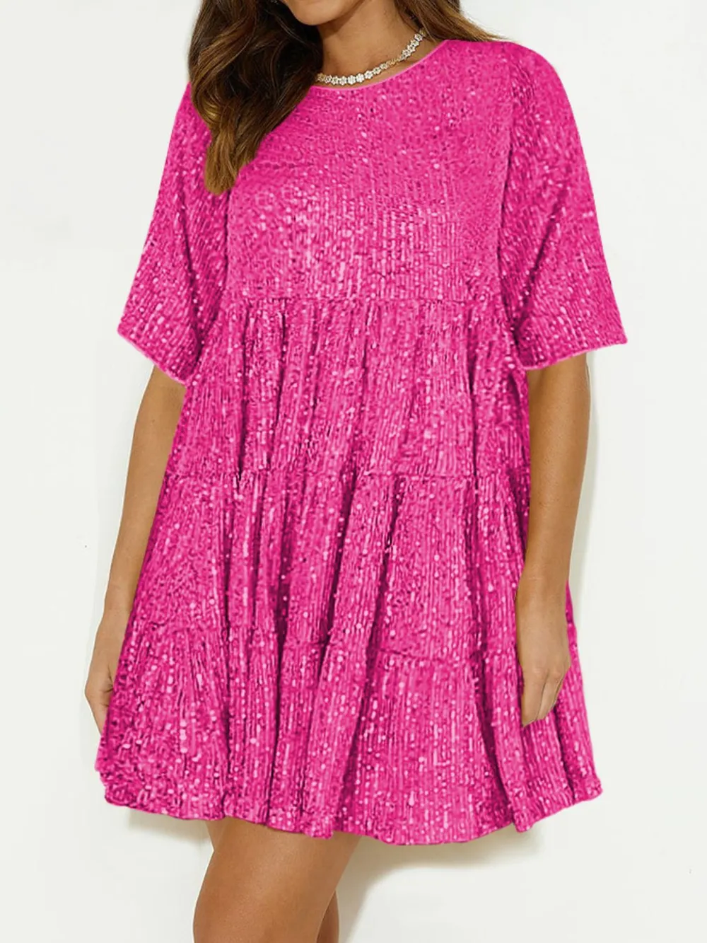 Sequin Round Neck Half Sleeve Mini Dress, image 19