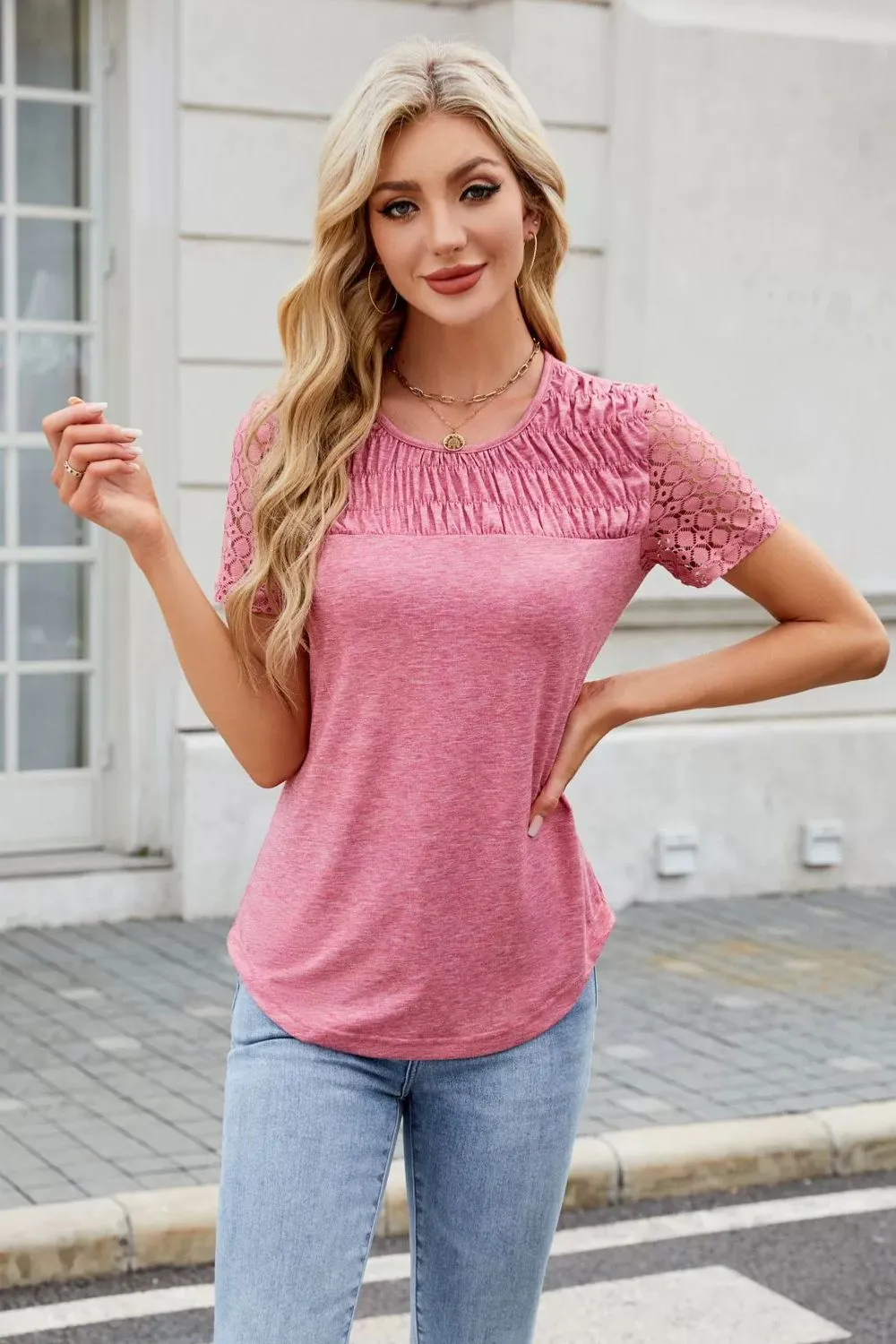 Smocked Round Neck Short Sleeve T-Shirt, image 3