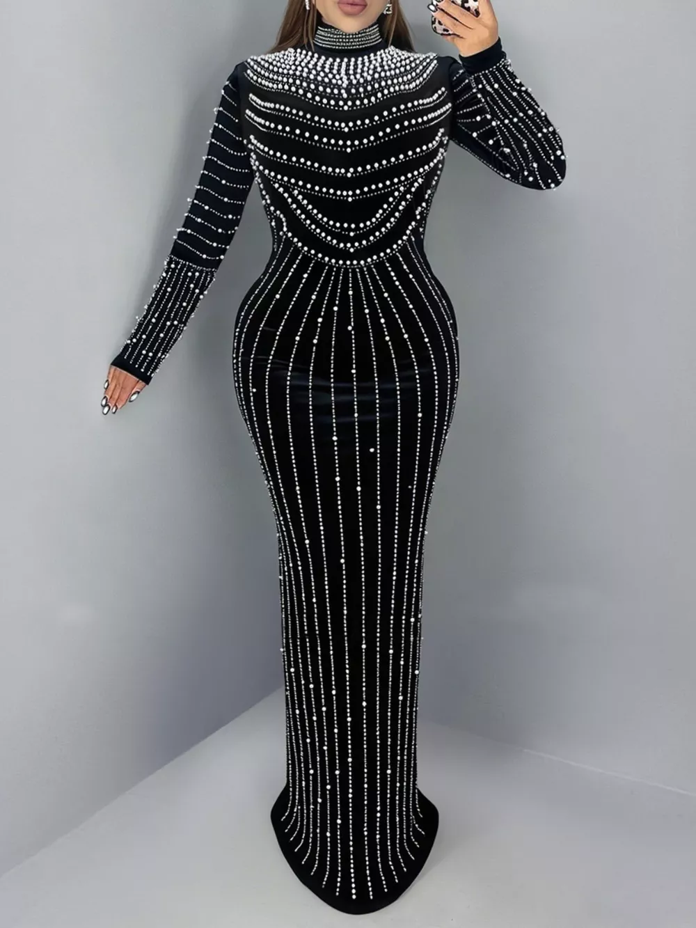 Rhinestone Embellished Mock Neck Long Sleeve Maxi Dress