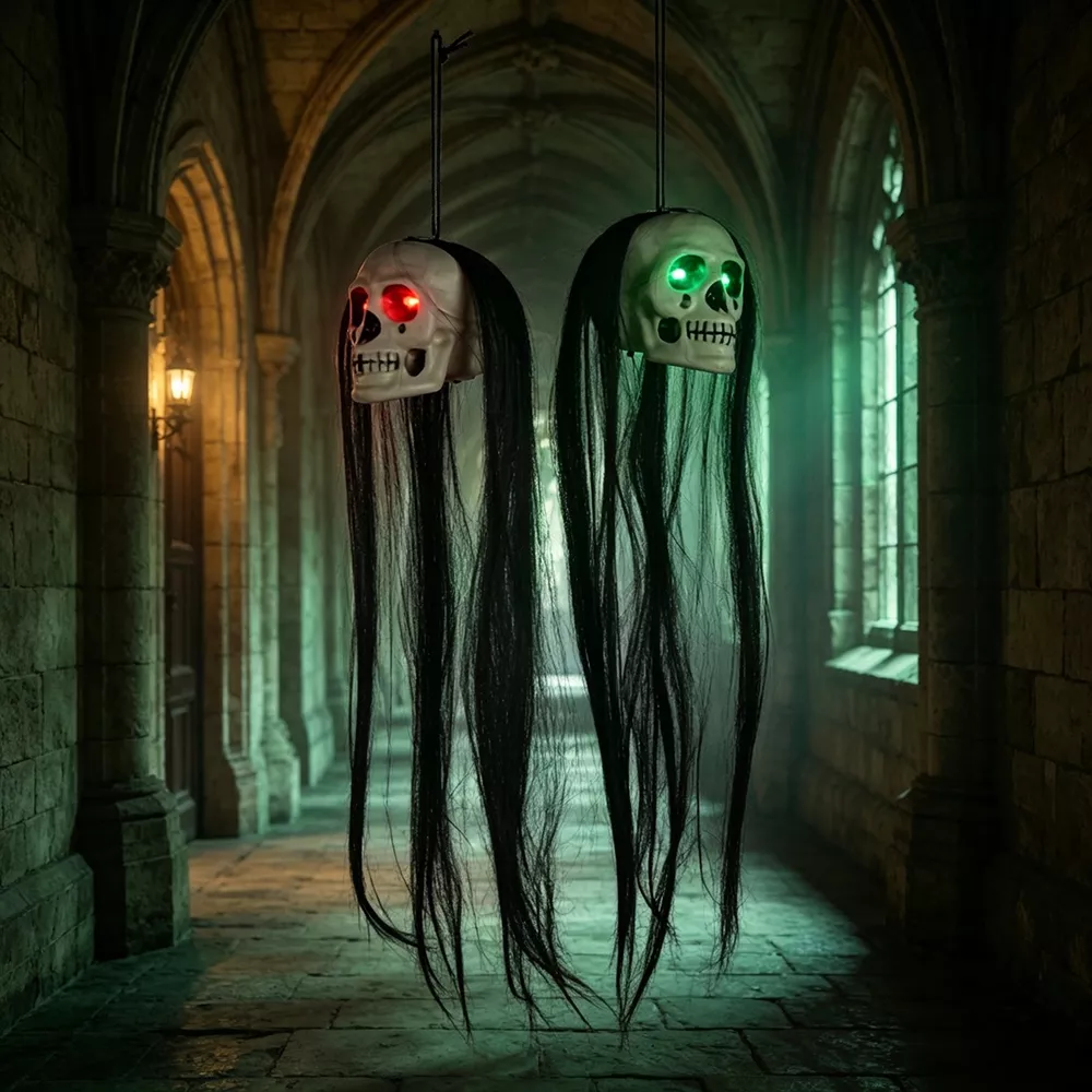 Halloween Hanging Dual-Skull with Glowing Eyes and Long Hair, image 3