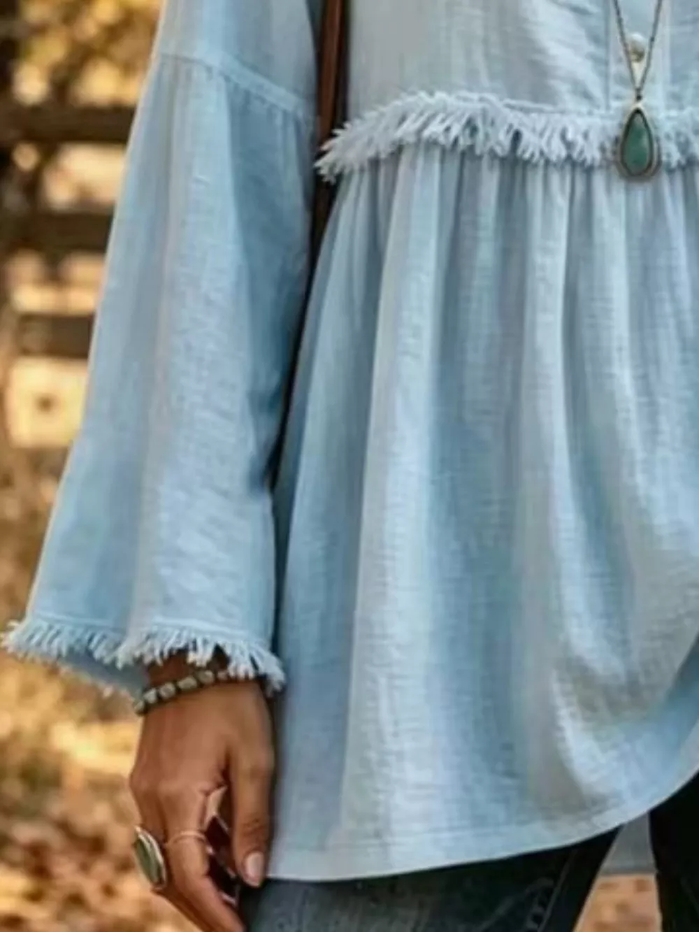 Full Size Fringed Button Detail Blouse Plus Size, image 10