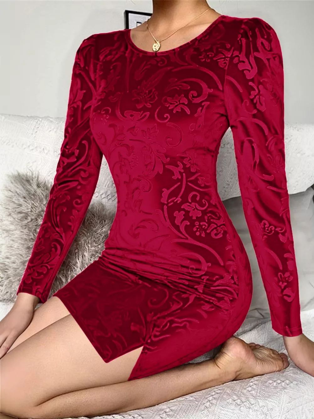 Velvet Floral Bodycon Mini Dress, image 5