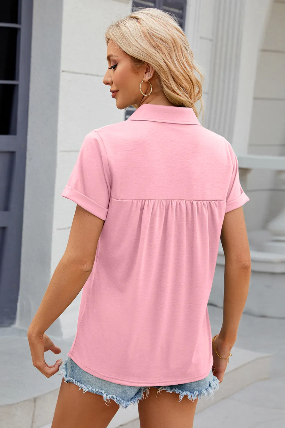 Ruched Johnny Collar Short Sleeve Blouse, image 21