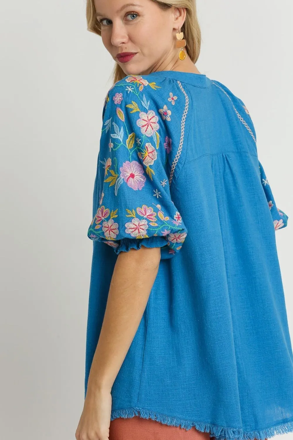 Full Size Half Button Top with Embroidery Sleeves Plus Size, image 3