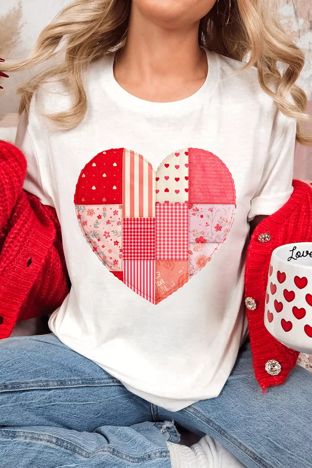 Floral Plaid Mixed Patchwork Heart-shape Graphic T Shirt, image 3