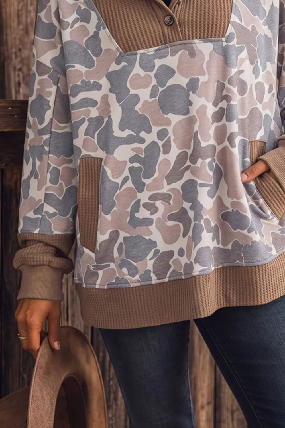 Camouflage Print Waffle Knit Patchwork Half Zip Hoodie, image 3