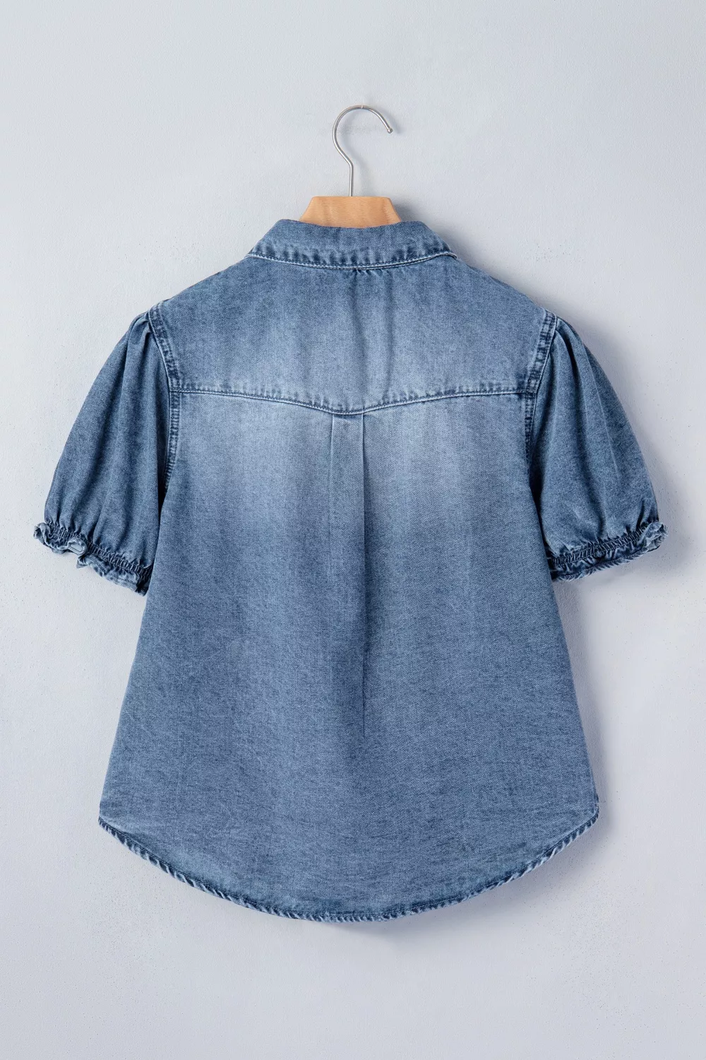 Frilled Short Sleeve Snap Button Denim Shirt, image 5
