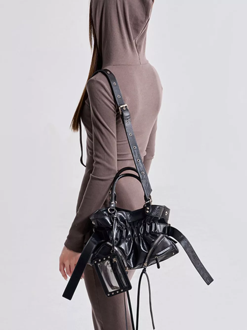 Patent Leather Ruched Crossbody Bag with Detachable Card Holder