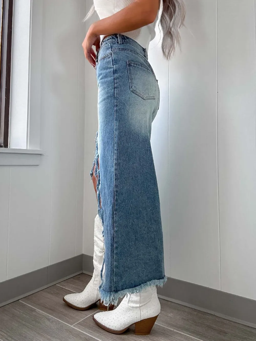 High-Waist Raw Hem Asymmetry Denim Skirt, image 2