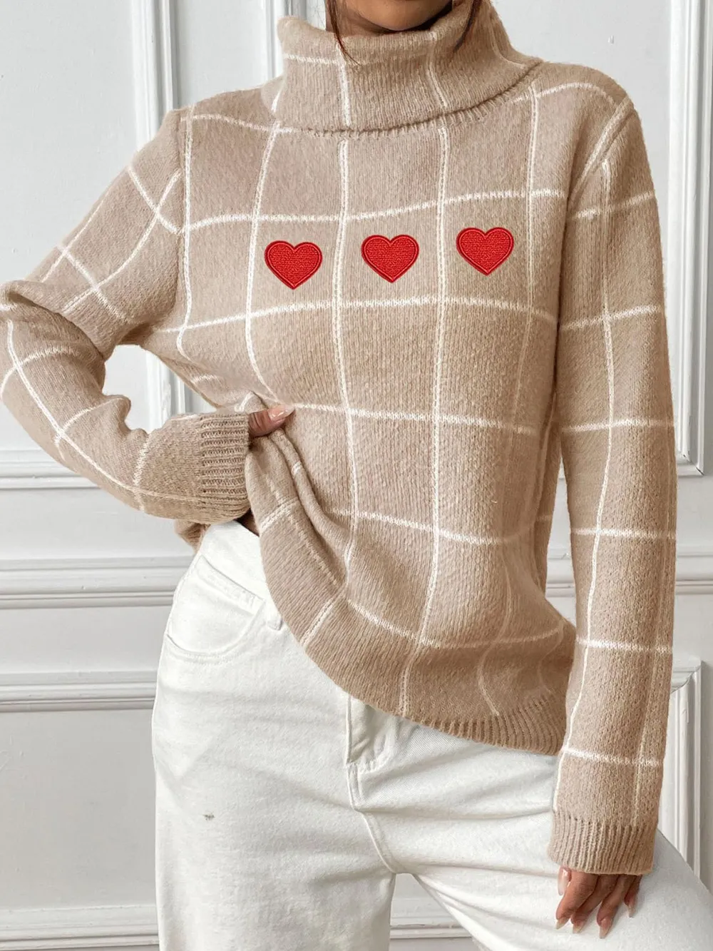 Heart Plaid Turtleneck Long Sleeve Sweater, image 9