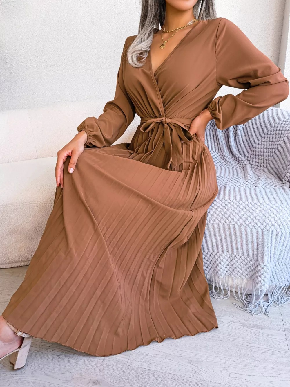 Elegant Pleated Front Tie Long Sleeve Dress, image 7