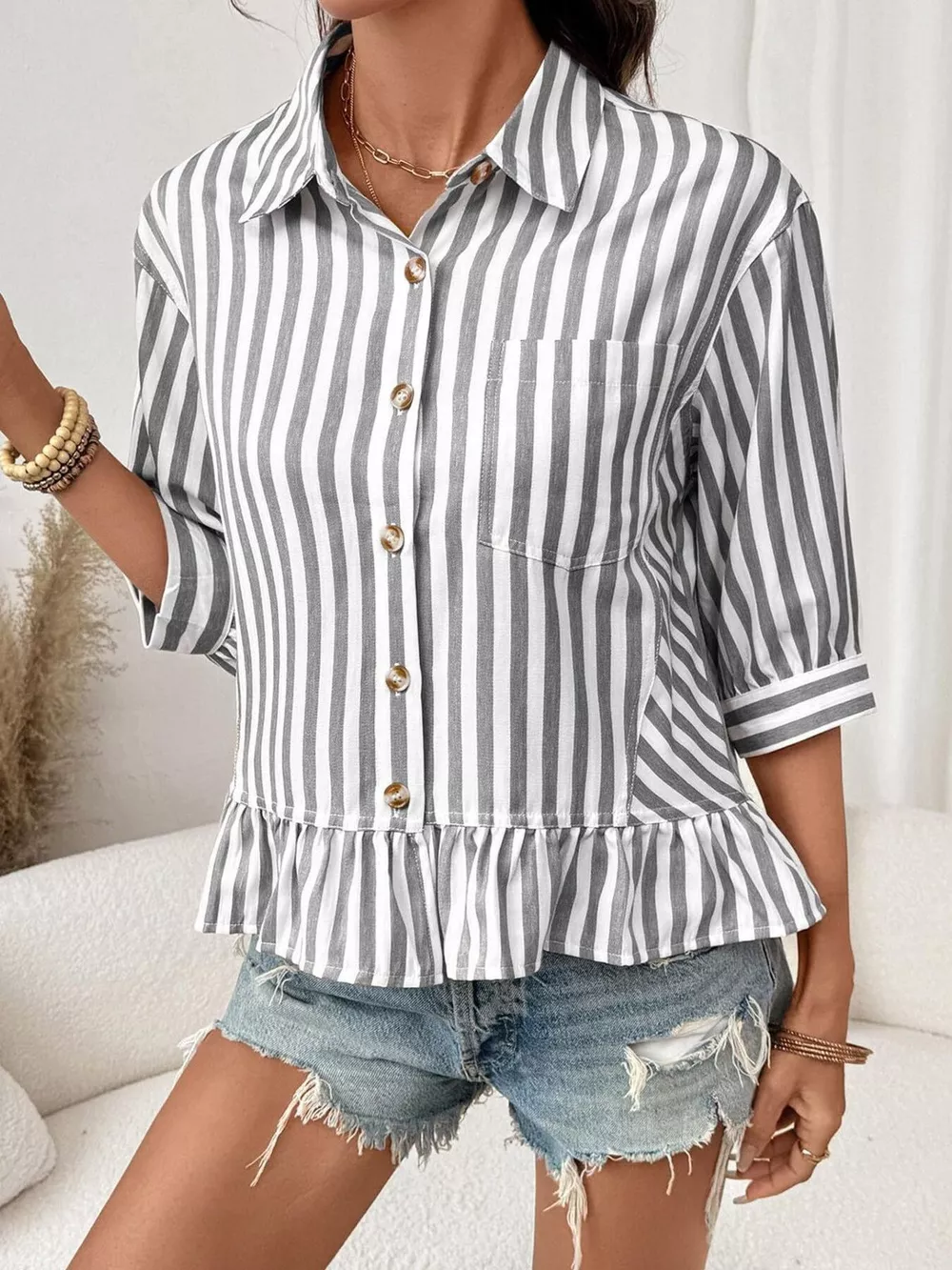Striped Ruffle Hem Button-Down Shirt