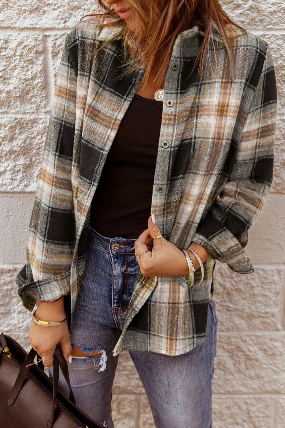 Plaid Collared Neck Button Up Long Sleeve Shirt, image 3