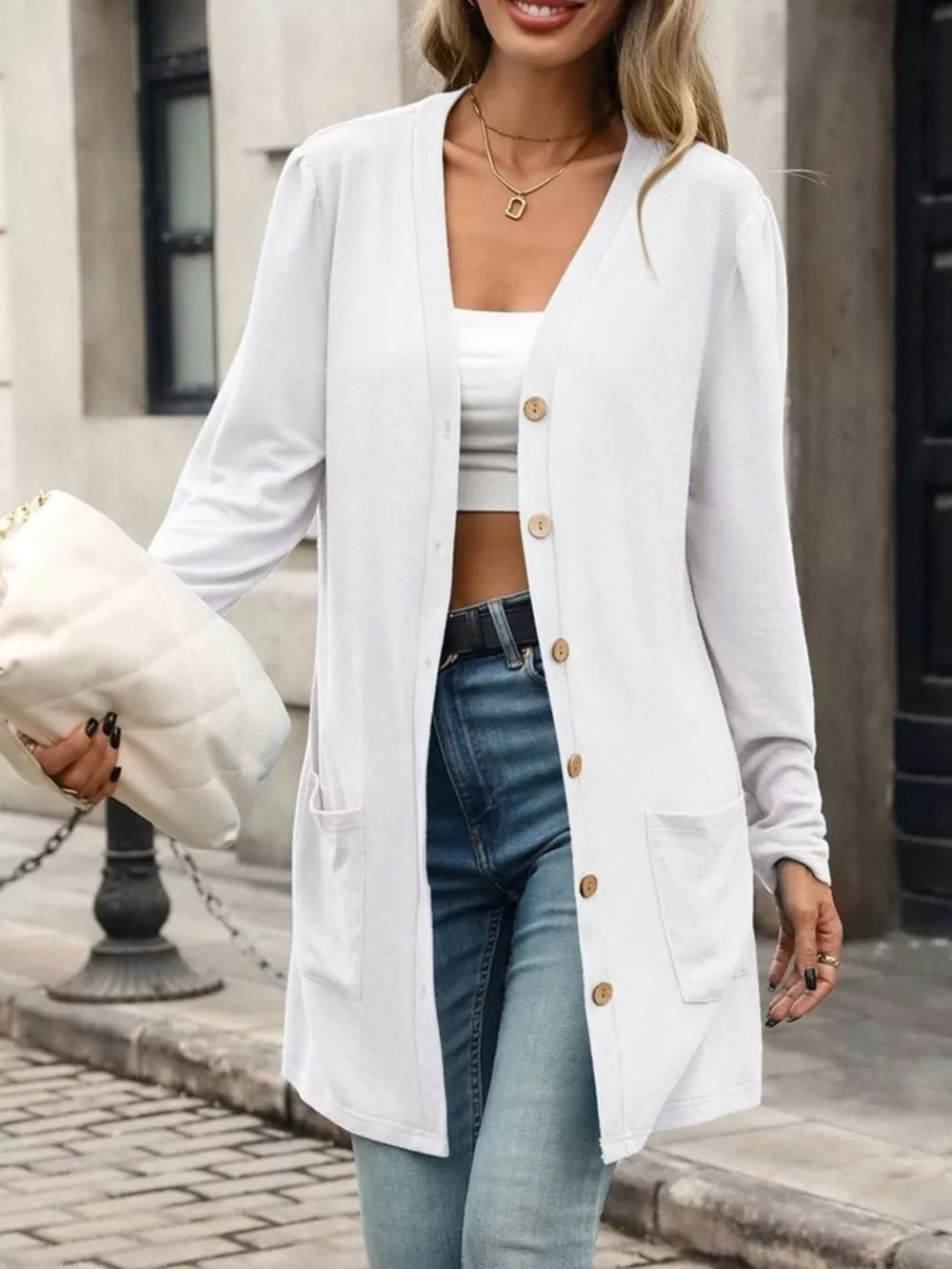 V-Neck Button-Up Long Sleeve Cardigan with Pockets, image 25