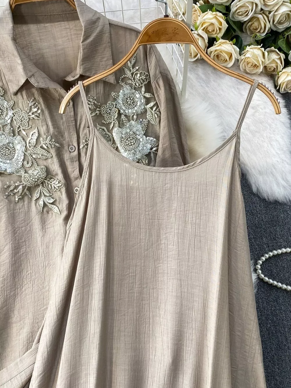 Sequin Flower Button Up Shirt and Cami Dress Set, image 9