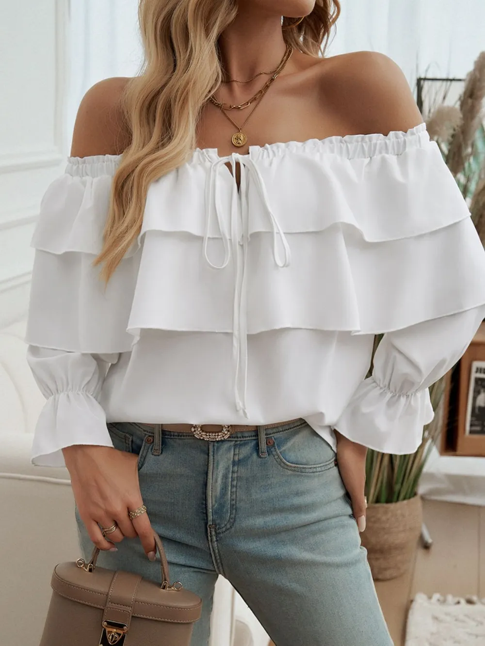 Off-Shoulder Flounce Sleeve Blouse, image 9