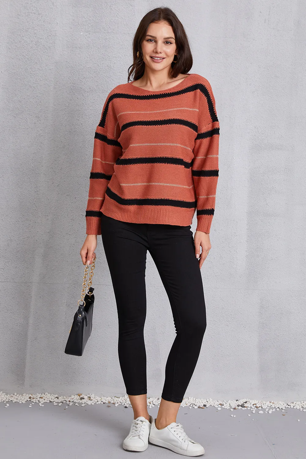 Striped Round Neck Dropped Shoulder Sweater, image 5