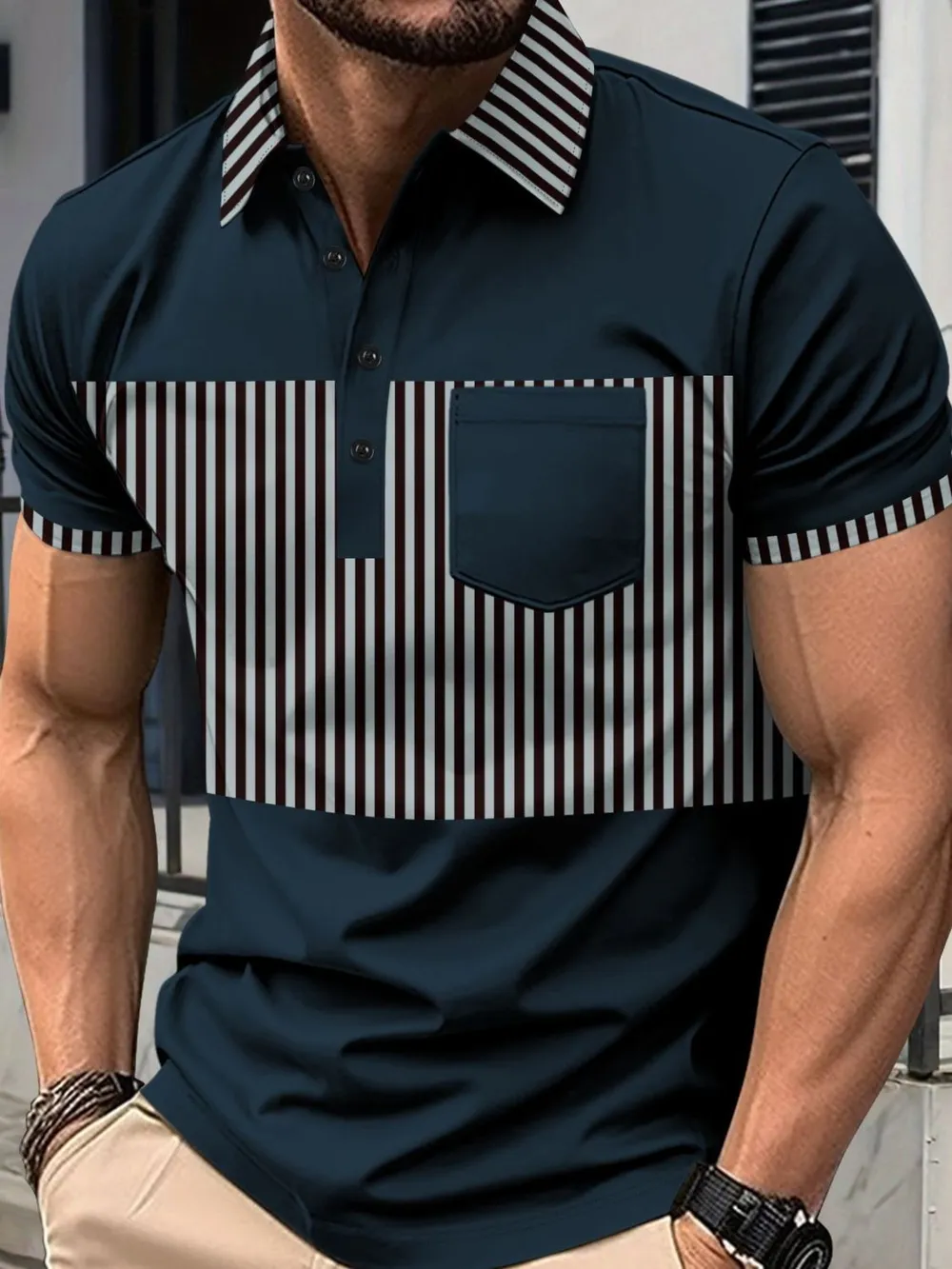 Men's Full Size Collared Contrast Striped Polo Plus Size, image 6
