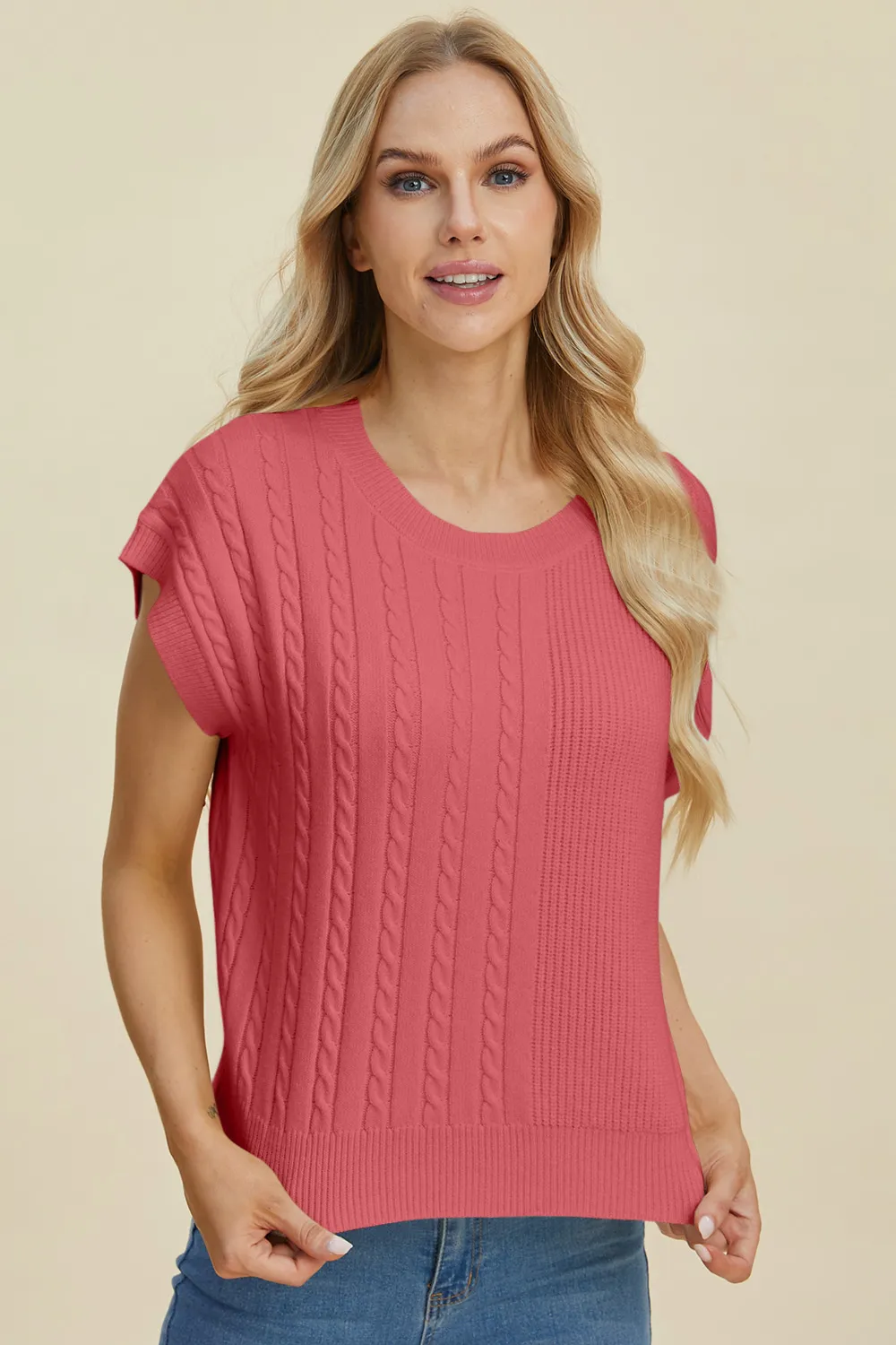 Full Size Cable-Knit Round Neck Short Sleeve Sweater, image 12