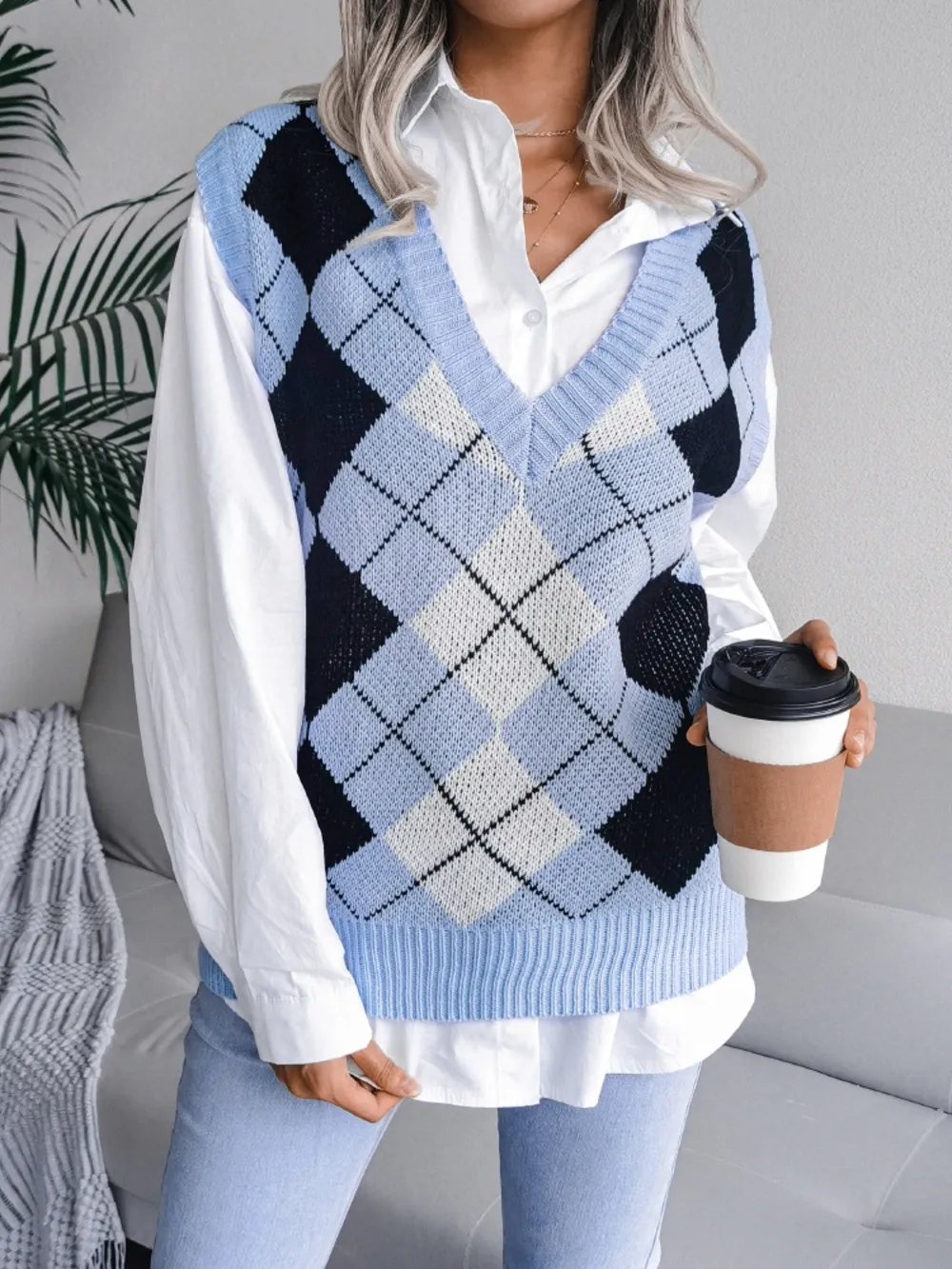 Plaid V-Neck Sweater Vest, image 12
