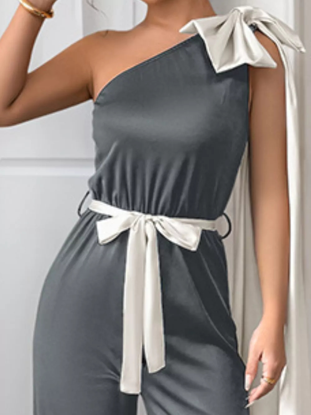 One-Shoulder Bowknot Wide Leg Jumpsuit, image 9