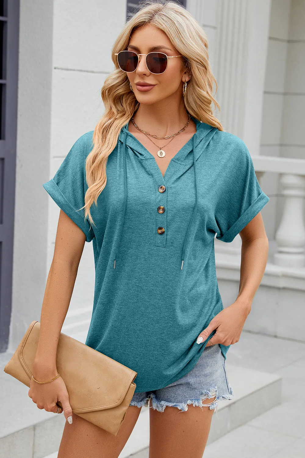 Half Button Drawstring Short Sleeve Hooded T-Shirt, image 25