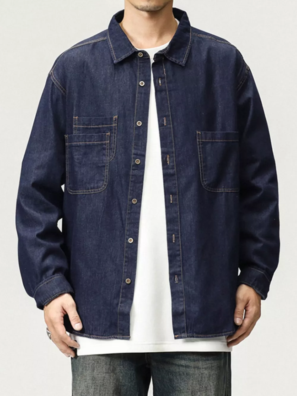 Men's Plus Size Button Up Long Sleeve Denim Shirt