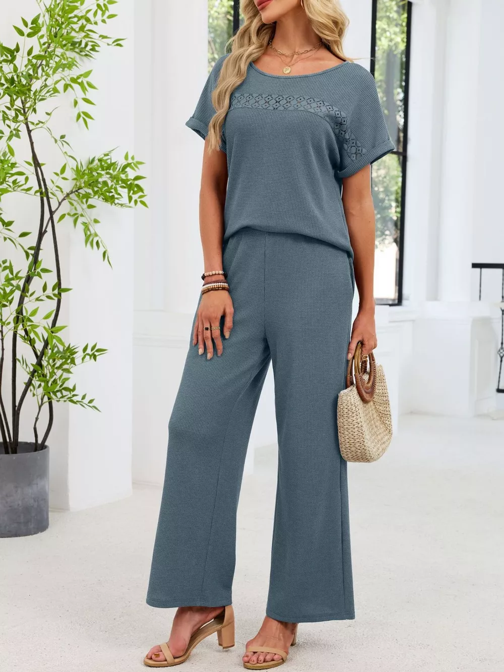 Lace Detail Short Sleeve Top and Pants Set, image 14