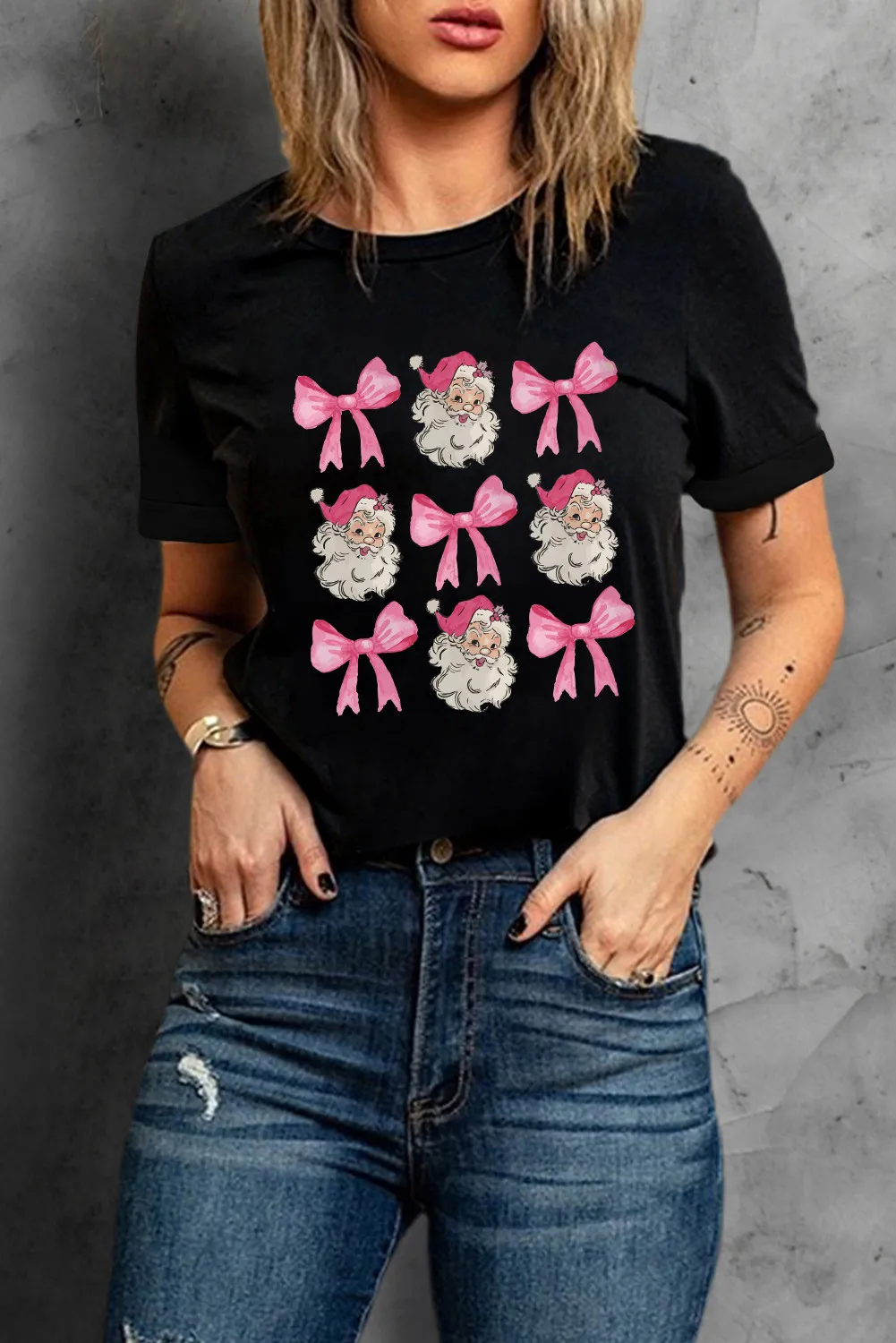 Santa & Bow Graphic Round Neck Short Sleeve T-Shirt, image 2