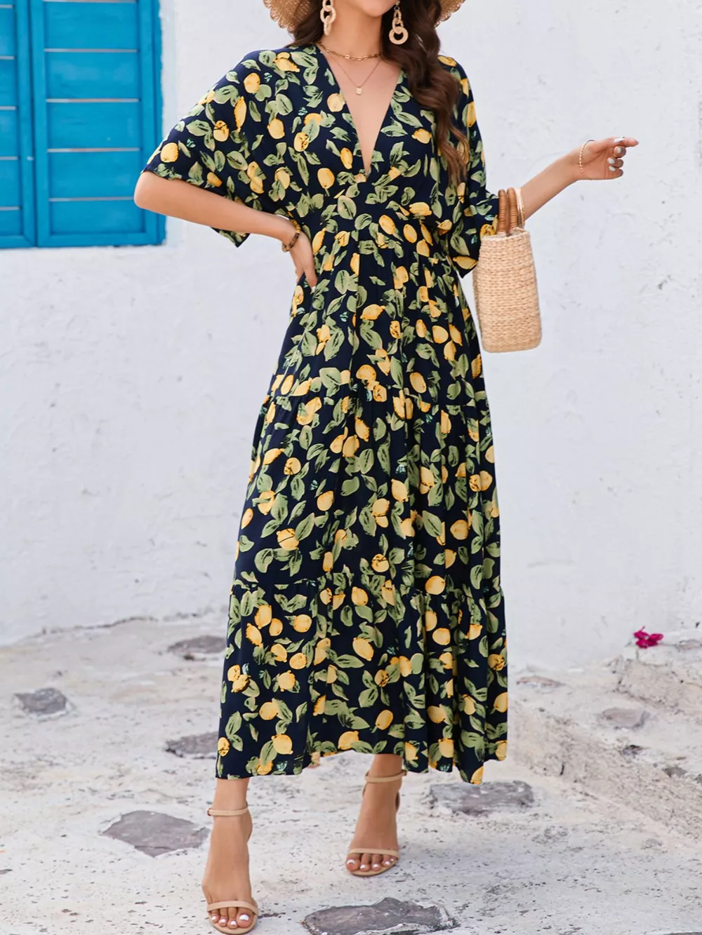 Printed V-Neck Ruffle Hem Flowy Midi Dress, image 4