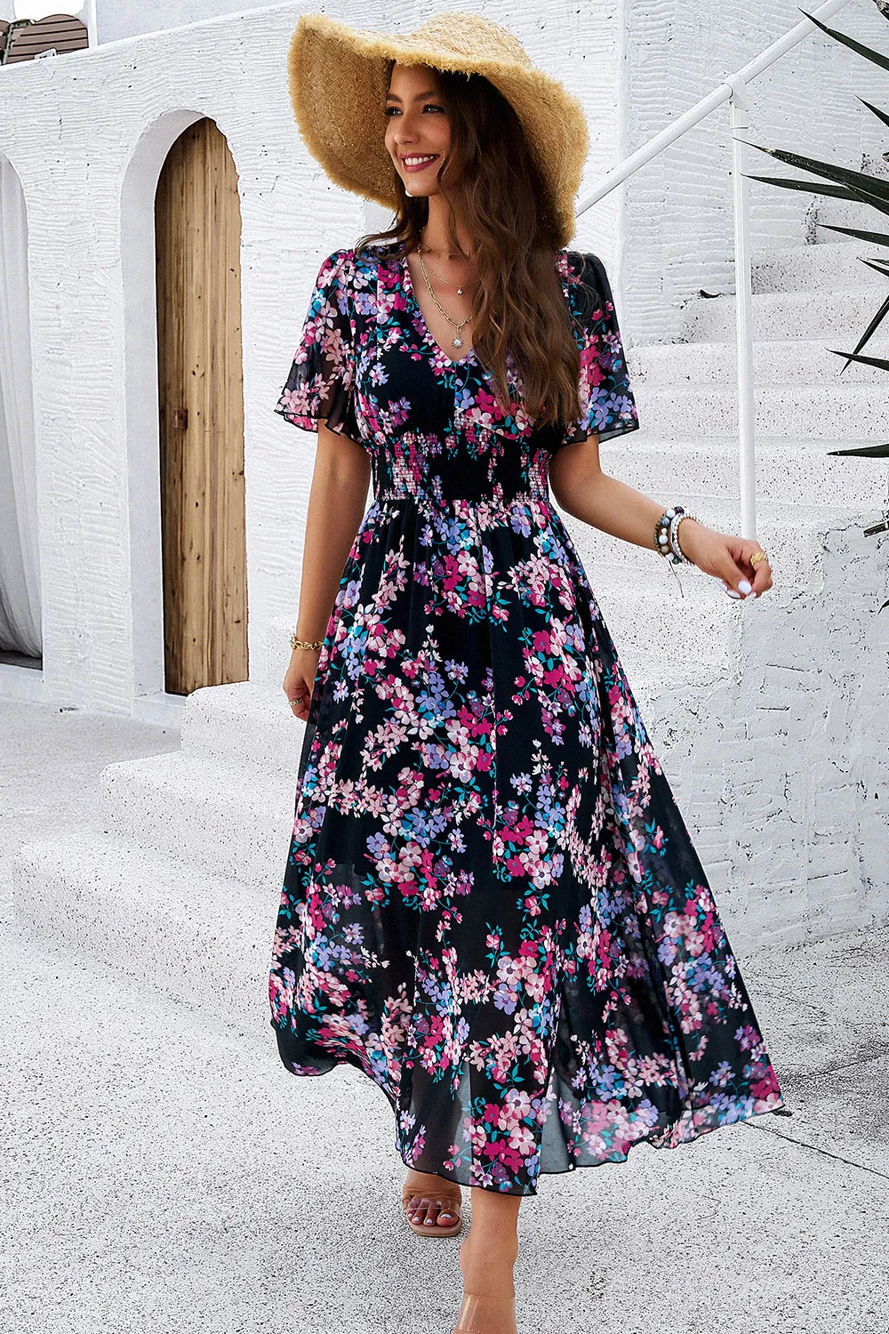 Smocked Floral V-Neck Short Sleeve Dress, image 17