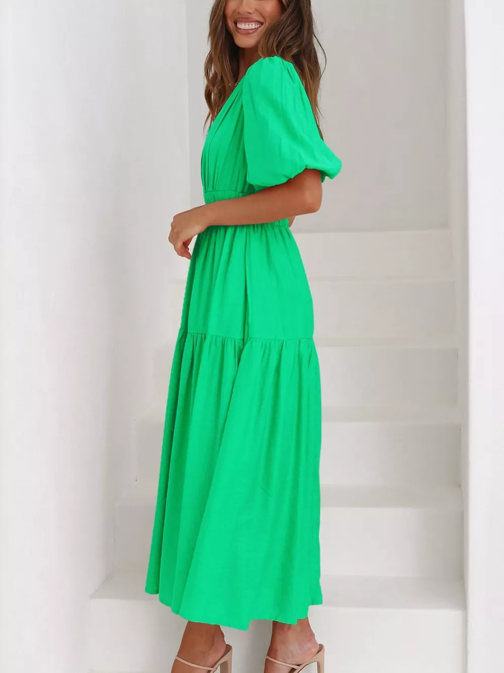 V-Neck Puff Sleeve Midi Dress, image 31
