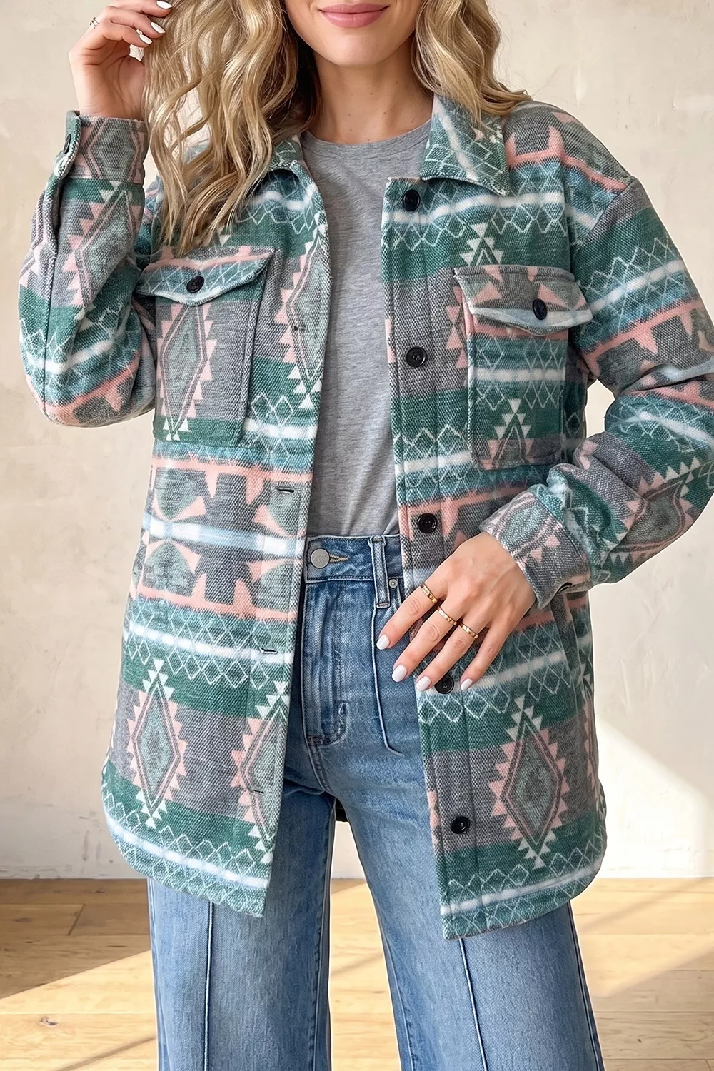 Geometric Print Button Front Long Sleeve Shacket, image 9