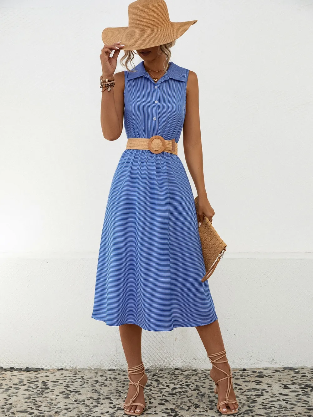 Striped Collared Neck Sleeveless Midi Dress, image 5